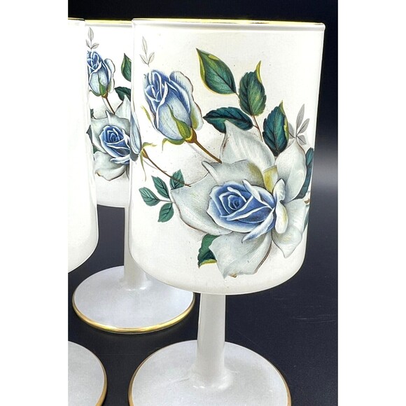 Norleans Frosted Wine Glass White Satin Art Italy Blue Flowers 24K Gold Trim Set - Picture 10 of 13